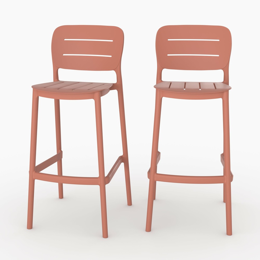 Lola-lot de 2 chaises de bar de jardin 75 cm en plastique terracotta