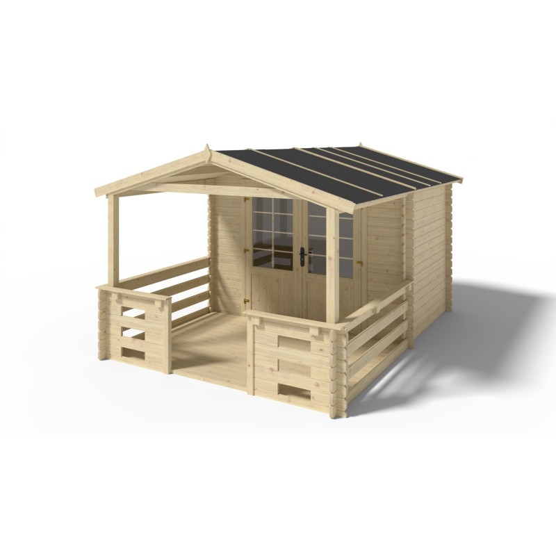 Abri de jardin en bois - 3x2 m - 12 m2 + terrasse avec balustrade et avant-toit en bois
