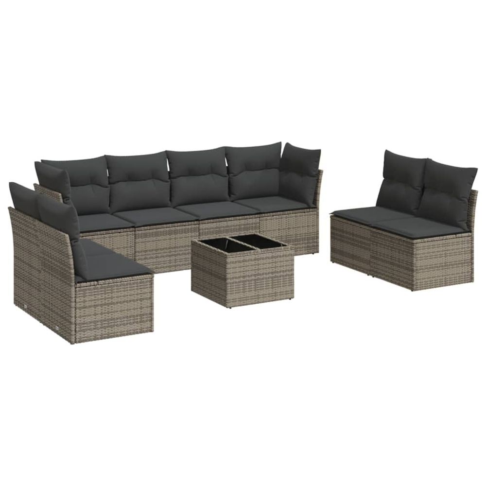 Salon de jardin 9 pcs avec coussins gris résine tressée