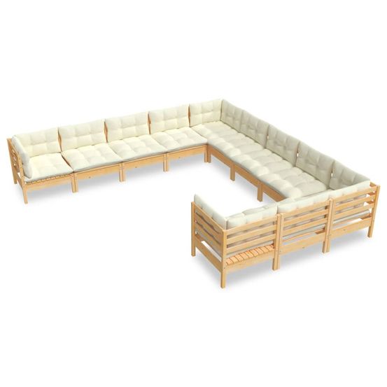 Salon de jardin 11 pcs avec coussins crème bois de pin