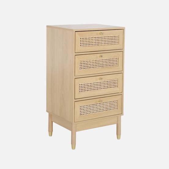 Commode chiffonnier décor bois et cannage 4 tiroirs - 50 x 40 x 96 cm - judith