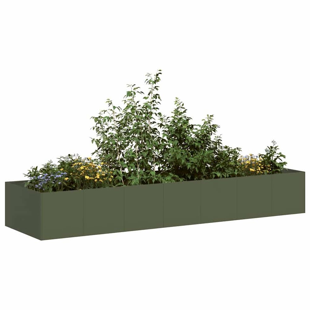 Jardinière allongée xxl acier laminé résistant design industriel chic pour extérieur vert olive 280x80x40cm
