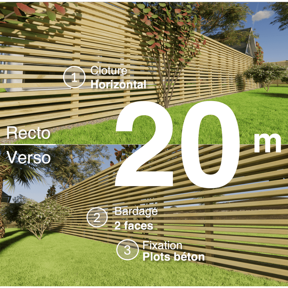 Kit clôture bois moderne 20m – h 1,9m – 45 x 45 mm autoclave – pose horizontal – double face – à sceller