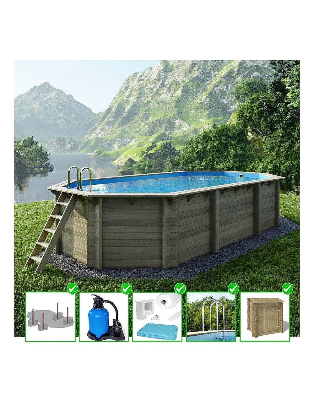 Piscine en bois nemo 7,3x3,97 - h.1,45 m fixations à sceller - bas7305ospi+sza - altanka