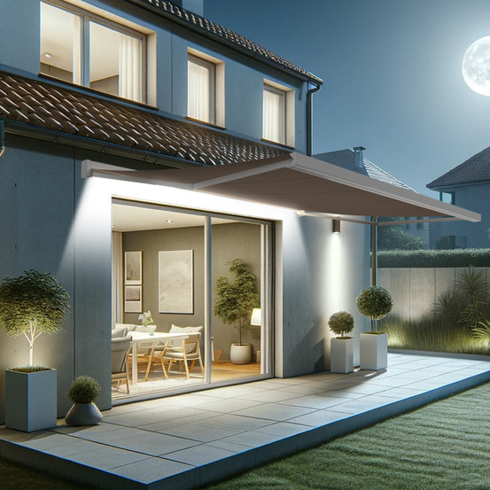 Store banne coffre intégral soa 5,00x3,50 m (motorisé secours à télécommande + led - blanc satiné ral9010 - taupe)