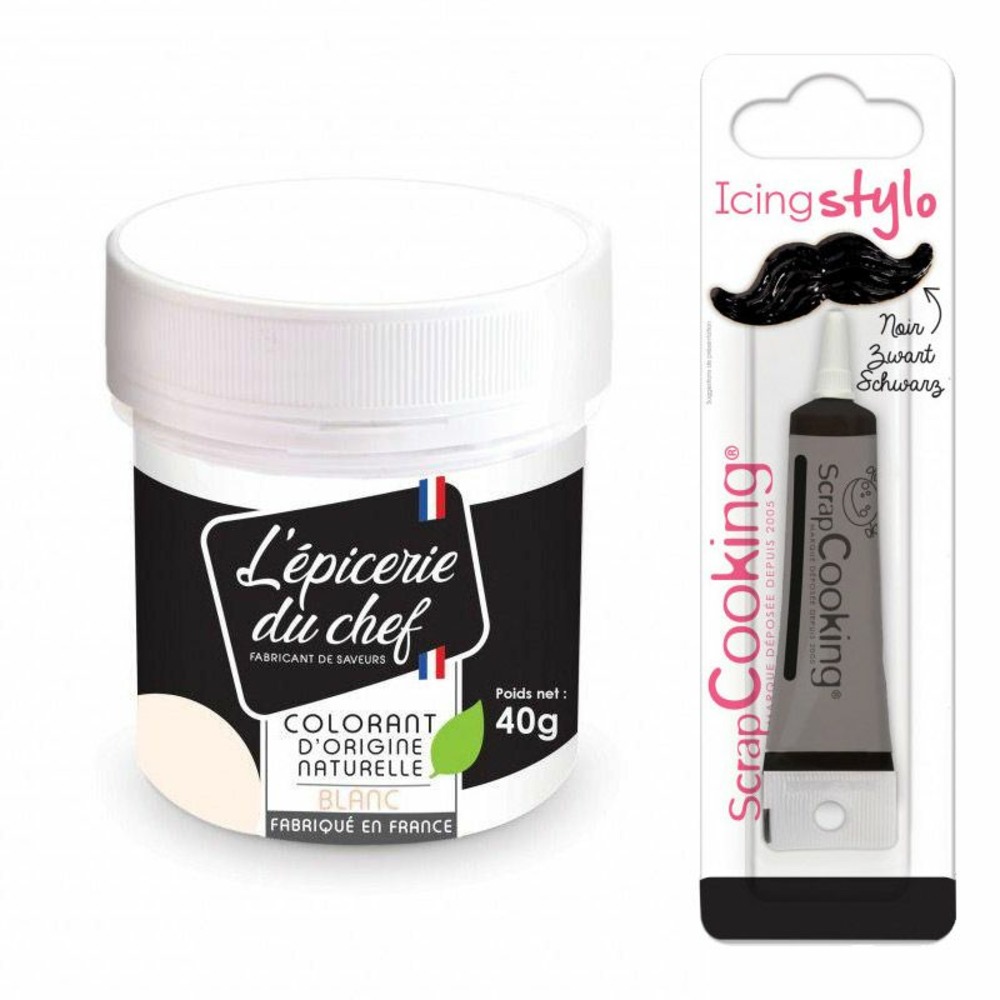 Colorant alimentaire naturel blanc 40 g + stylo glaçage noir