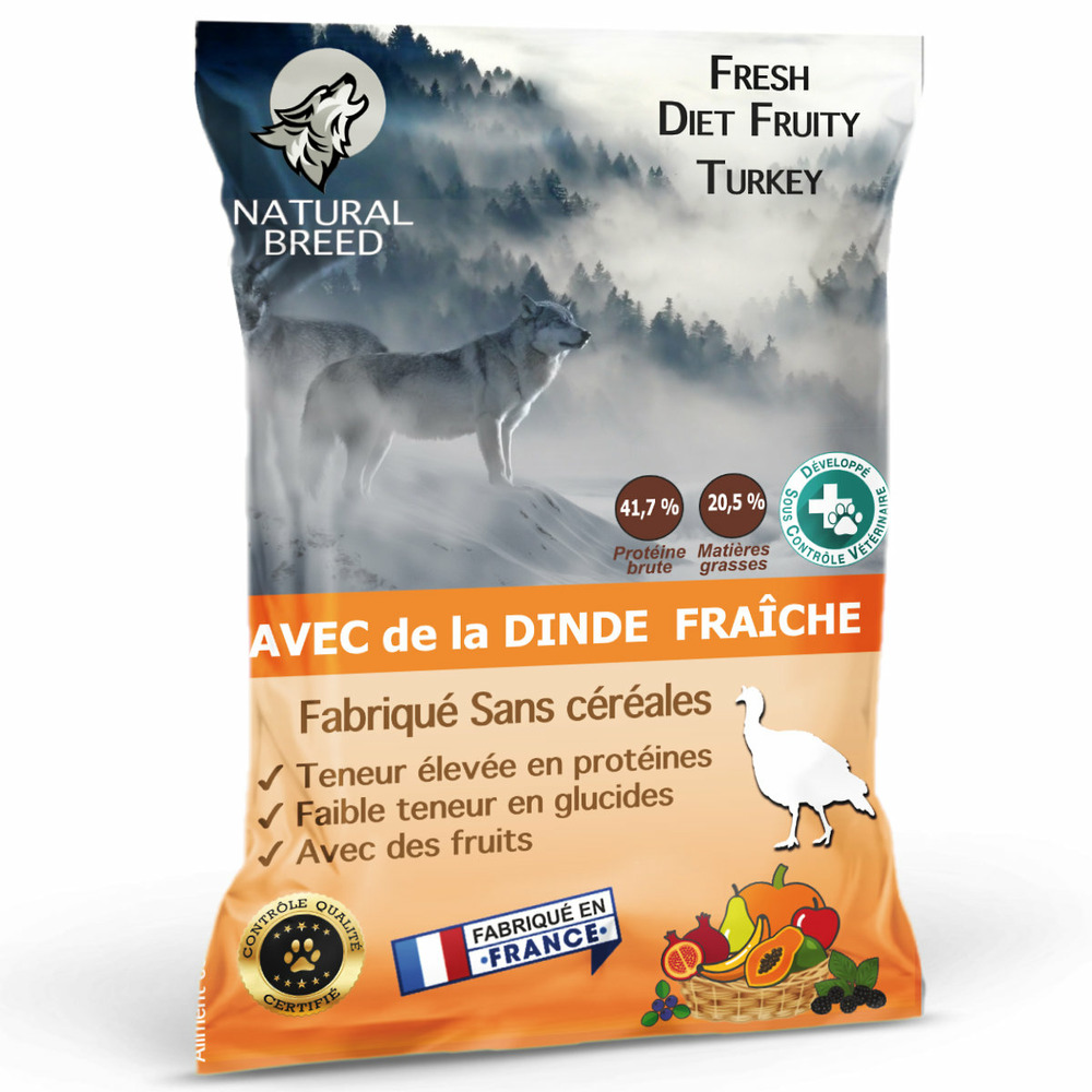 Croquettes chien adulte sans céréales à la dinde fraîche – faible en glucides – Fresh Diet Fruity – 6 kg