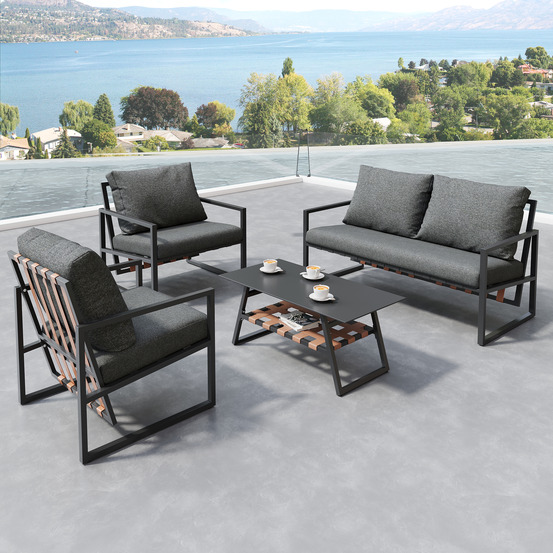 Ensemble de salon de jardin, canapé 4 places avec table basse et housse amovible et lavable, noir.