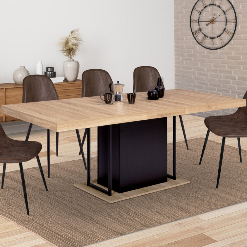 Table à manger extensible rectangle ugo 6-10 personnes bois façon hêtre et noir 160-200 cm
