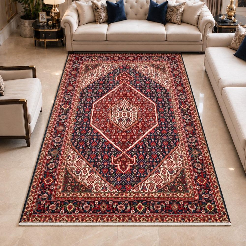 Tapis d'orient 200 x 304 cm, bleu, crème et rouge, noué à la main, tabriz d