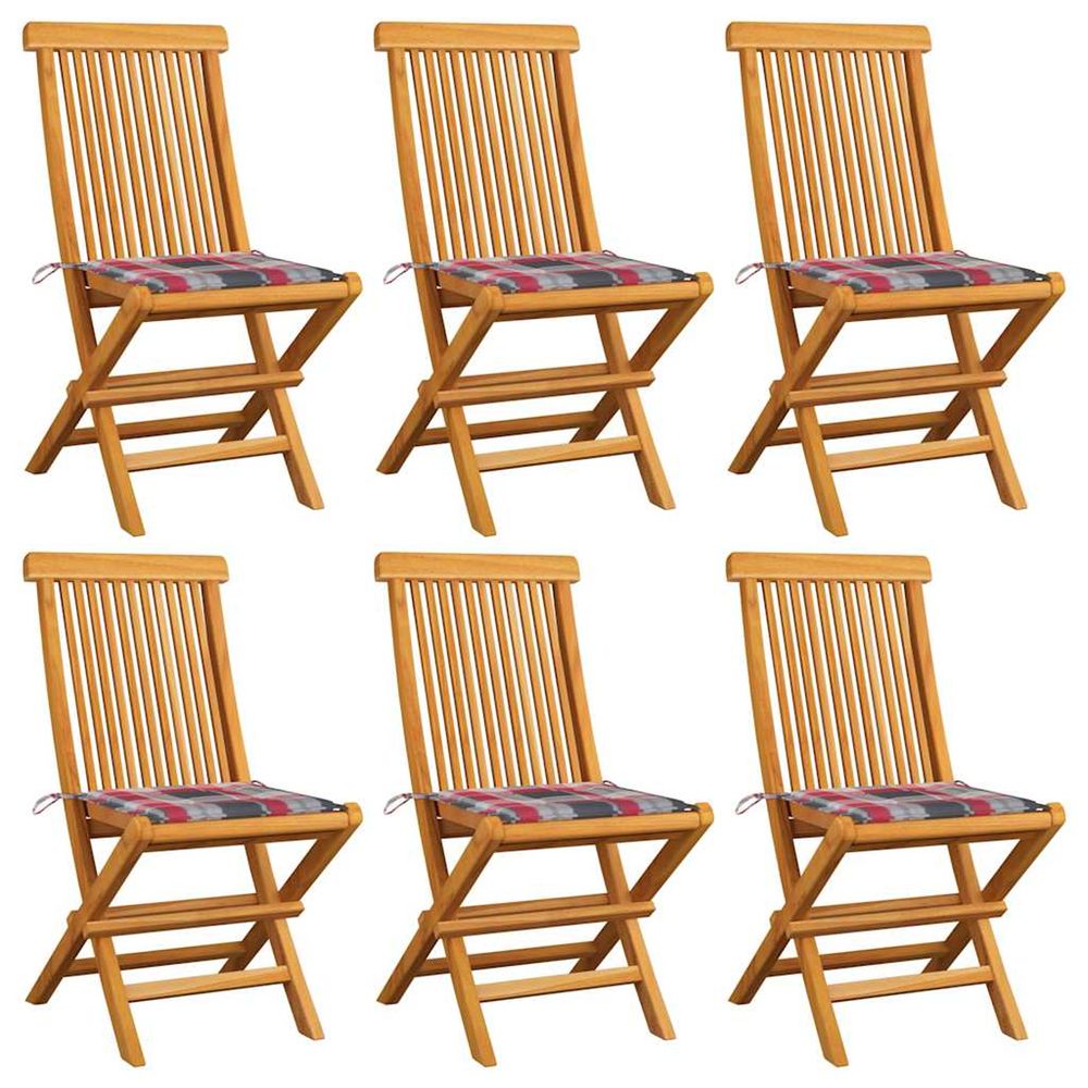 Chaises pliantes avec coussins à carreaux rouges (6 pièces) en bois de teck massif