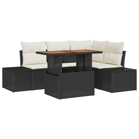 Ensemble de salle à manger de jardin 5 pièces avec coussins noir poly rattan acacia
