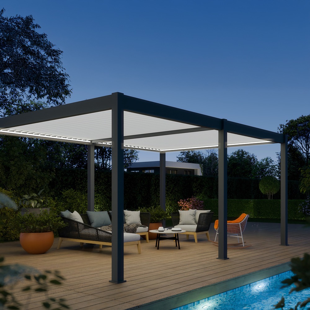 Pergola bioclimatique aluminium autoportée 19m² - 3,6x5,3 - kit led inclus - anthracite - 34 lames en aluminium a 120 degrés