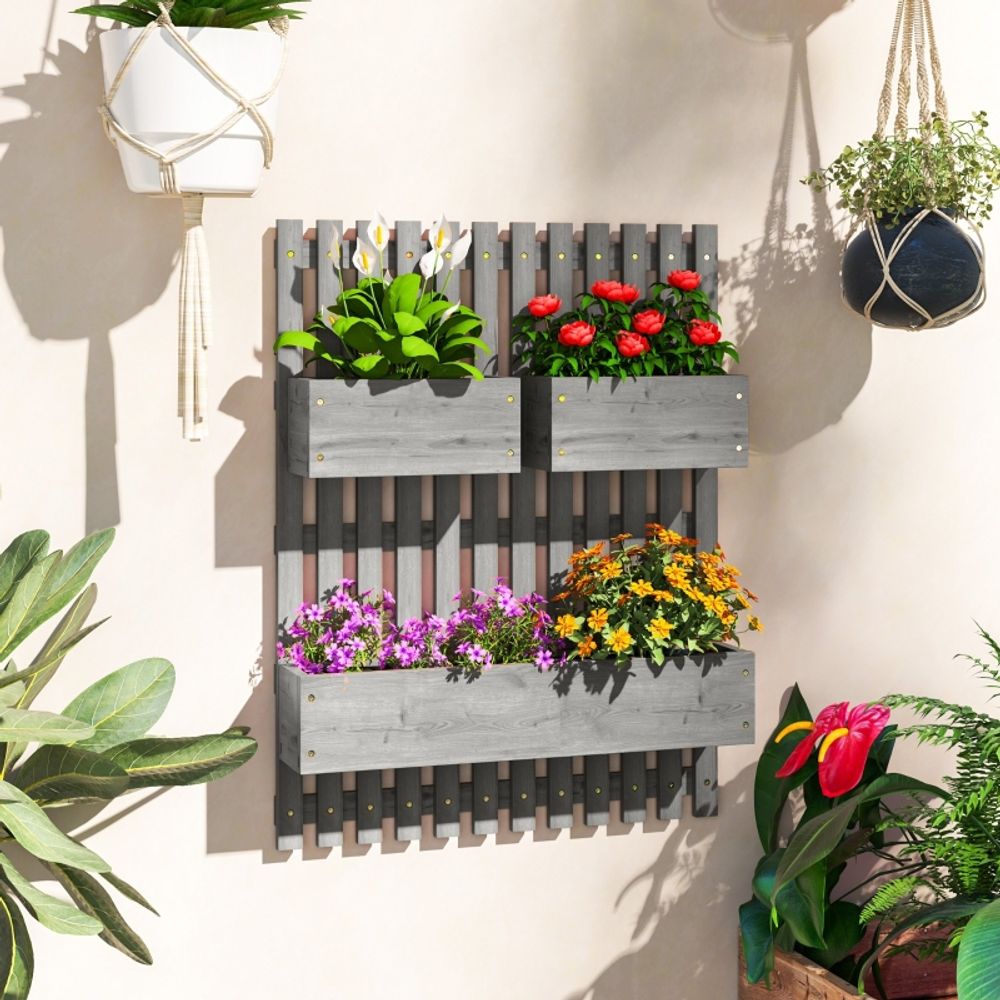 Jardinière murale bois massif pour balcon et jardin avec 3 bacs amovibles 60x80cm gris