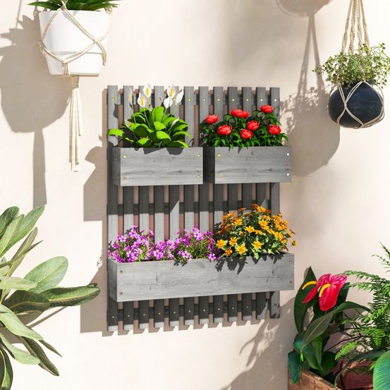 Jardinière murale bois massif pour balcon et jardin avec 3 bacs amovibles 60x80cm gris