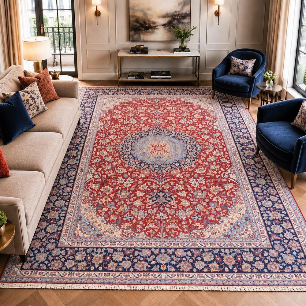 Tapis d'orient, 290 x 420 cm, rouge, beige et bleu, laine, nadjafabad a