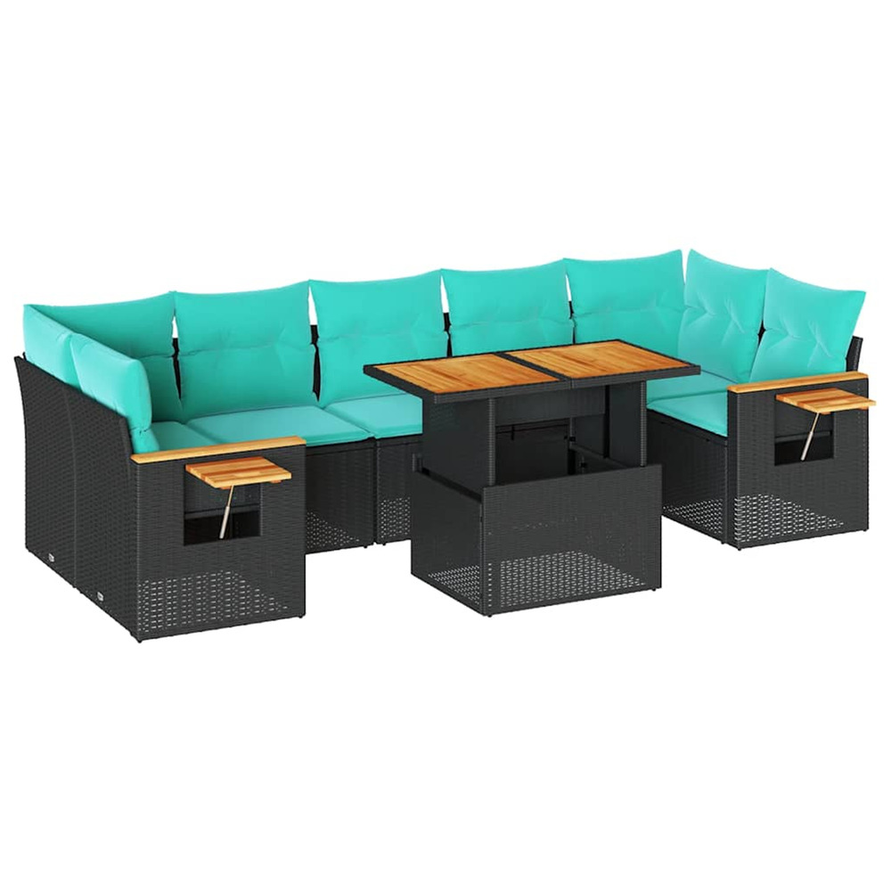 Salon de jardin 8 pcs avec coussins noir résine tressée