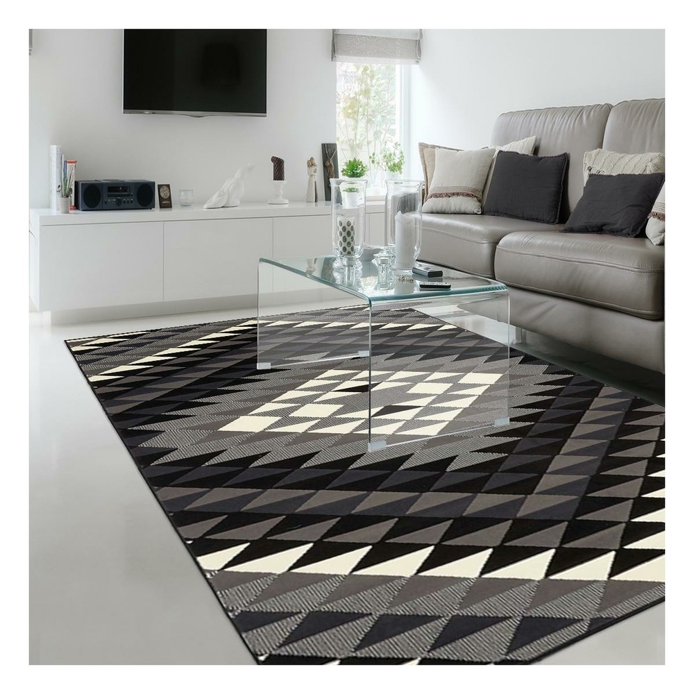 Tapis chambre 60x110 tissé noir rectangle motif géométrique lyn49 apache