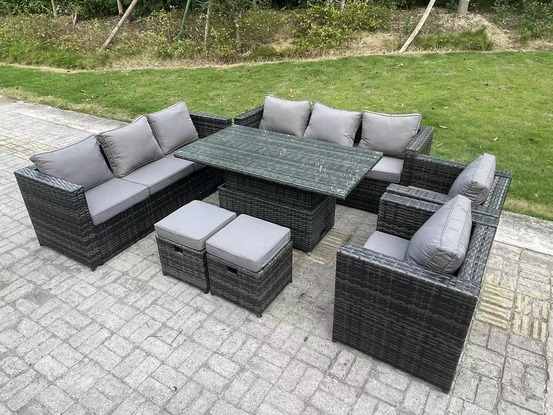 10 places osier pe meubles de jardin rotin canapé extérieur table à manger réglable ensemble avec 2 fauteuils