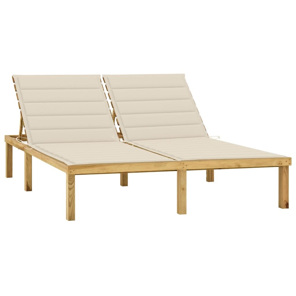 Transat chaise longue bain de soleil lit de jardin terrasse meuble d'extérieur double et coussins crème bois de pin imprégné