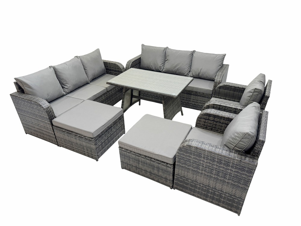 Salon de jardin exterieur 10 places table à manger rectangulaire 2 grand tabourets gris foncé mixte