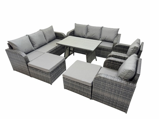 Salon de jardin exterieur 10 places table à manger rectangulaire 2 grand tabourets gris foncé mixte