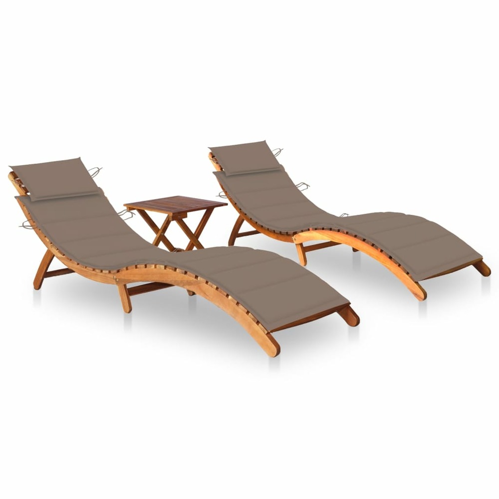 Lot de 2 transats chaise longue bain de soleil lit de jardin terrasse meuble d'extérieur avec table et coussins acacia solide