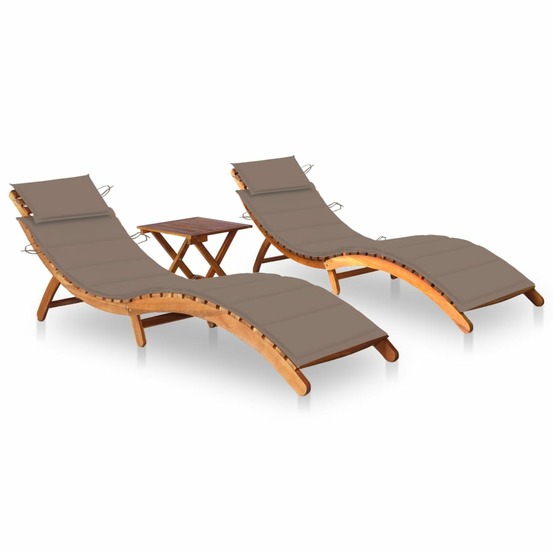Lot de 2 transats chaise longue bain de soleil lit de jardin terrasse meuble d'extérieur avec table et coussins acacia solide