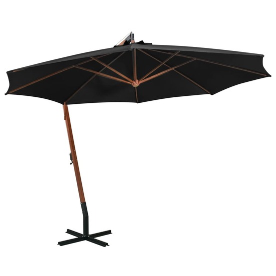 Parasol suspendu avec mât 3,5 x 2,9 m bois de sapin massif noir