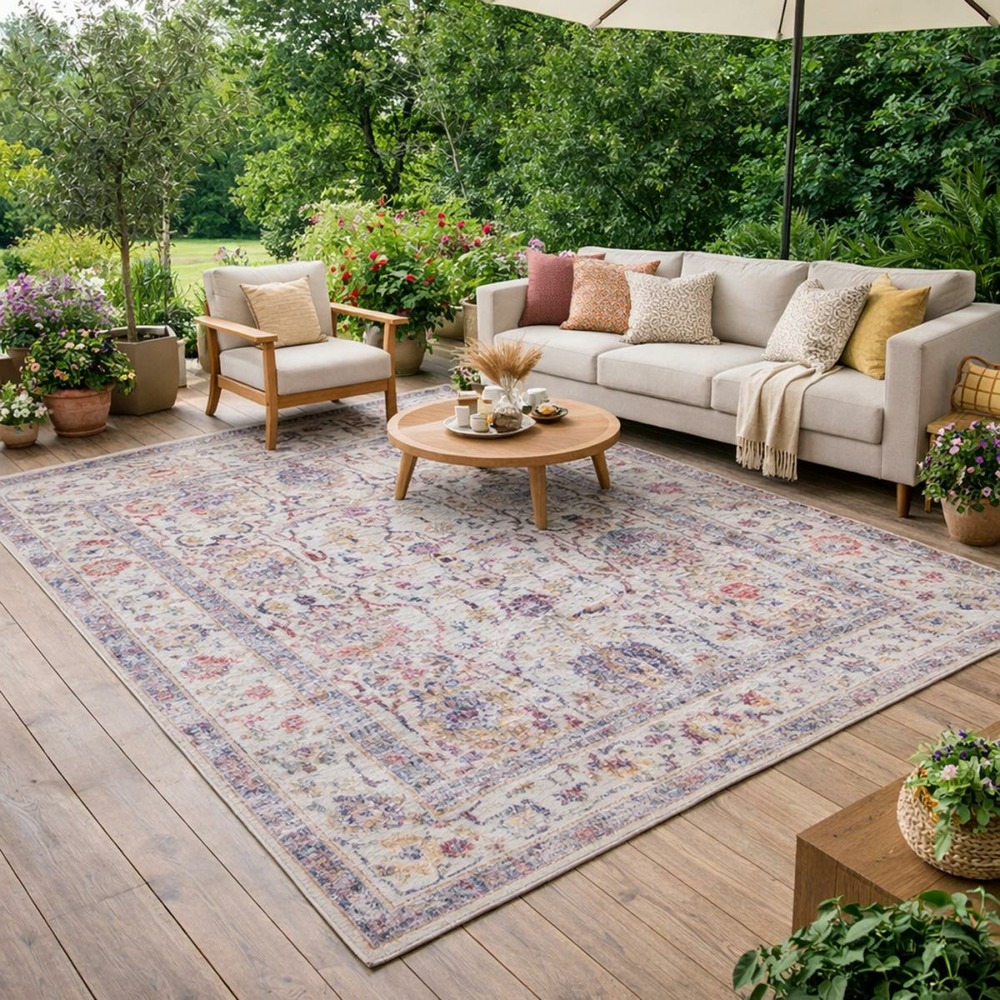 Tapis exterieur 240 x 340 cm, beige, bleu, orange, motif oriental kilim, design original, luxora