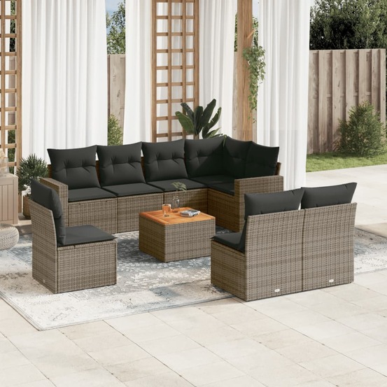 Salon de jardin 9 pcs avec coussins gris résine tressée