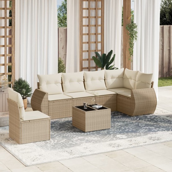 Salon de jardin avec coussins 7 pcs beige résine tressée