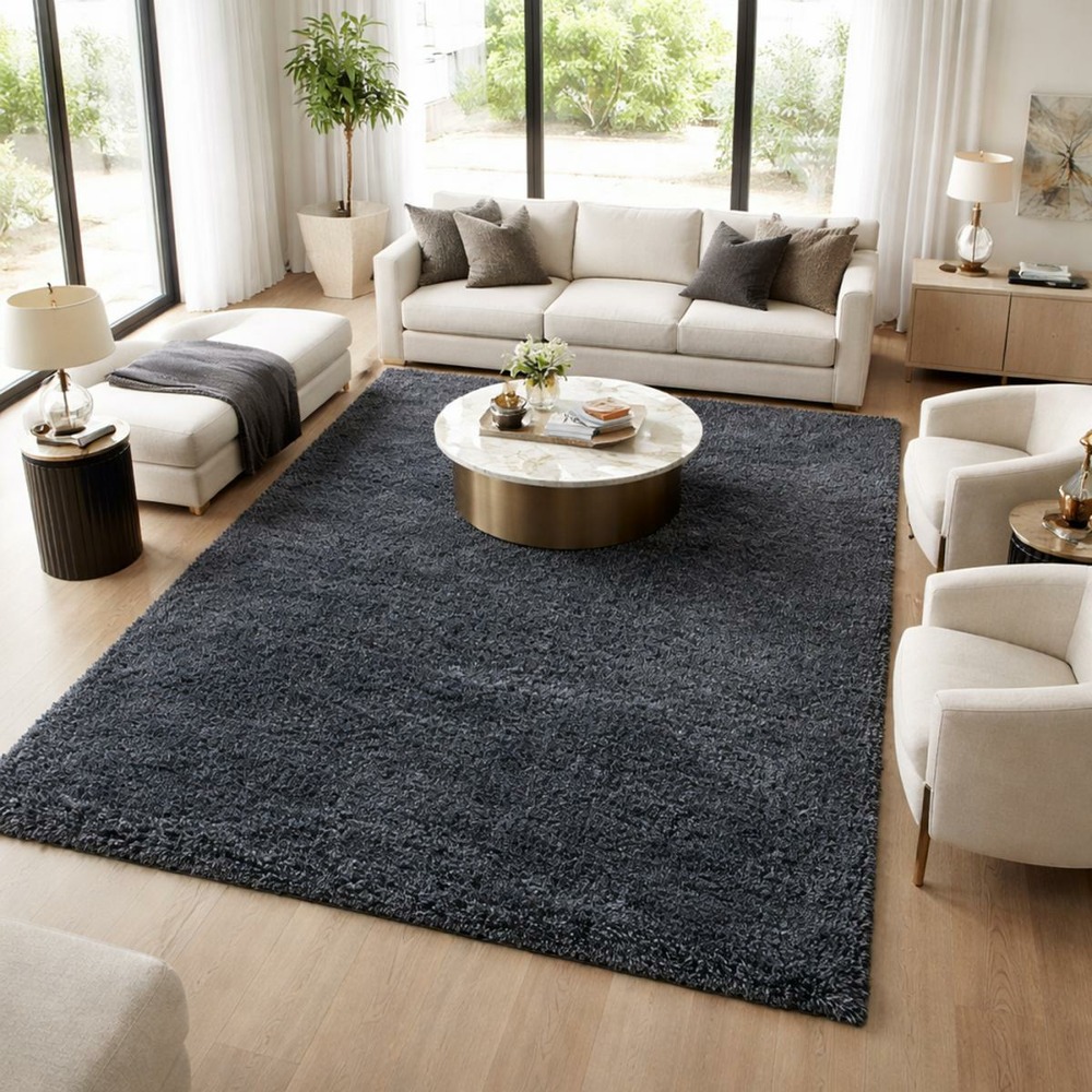Tapis longs poils shaggy 160x230 rectangle tissé noir motif uni uni b