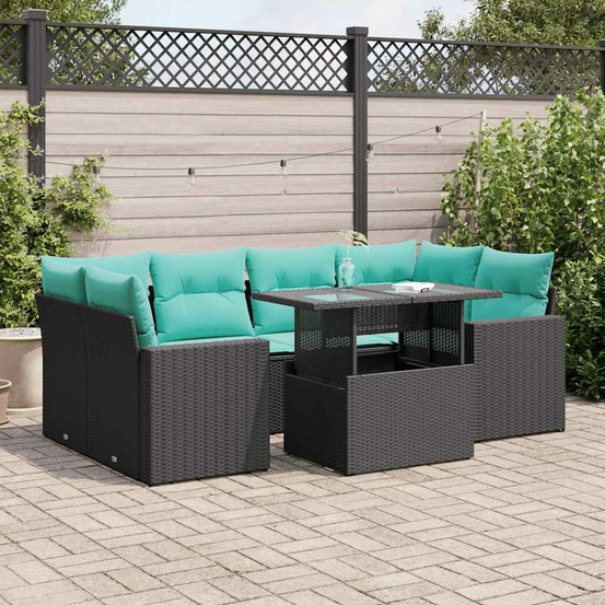 Salon de jardin avec coussins 7 pcs noir résine tressée acacia