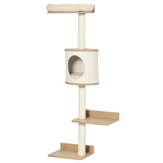 Arbre à chat mural bois 38 x 30 x 149 cm beige chêne avec sisal couchage et plateformes