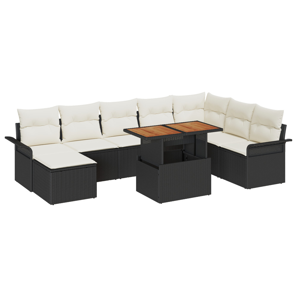Set de repas de jardin de 9 pièces avec coussins noir poly rotin acacia