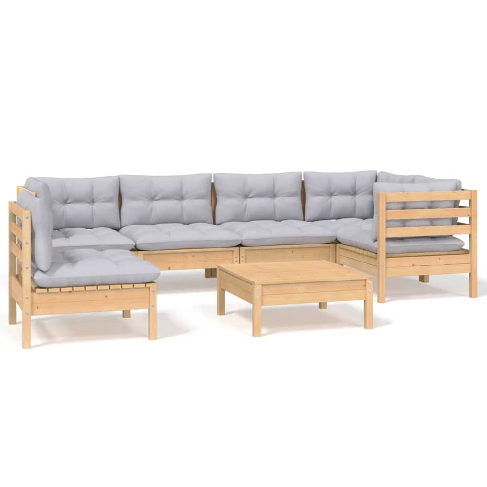 Salon de jardin 7 pcs avec coussins gris bois de pin