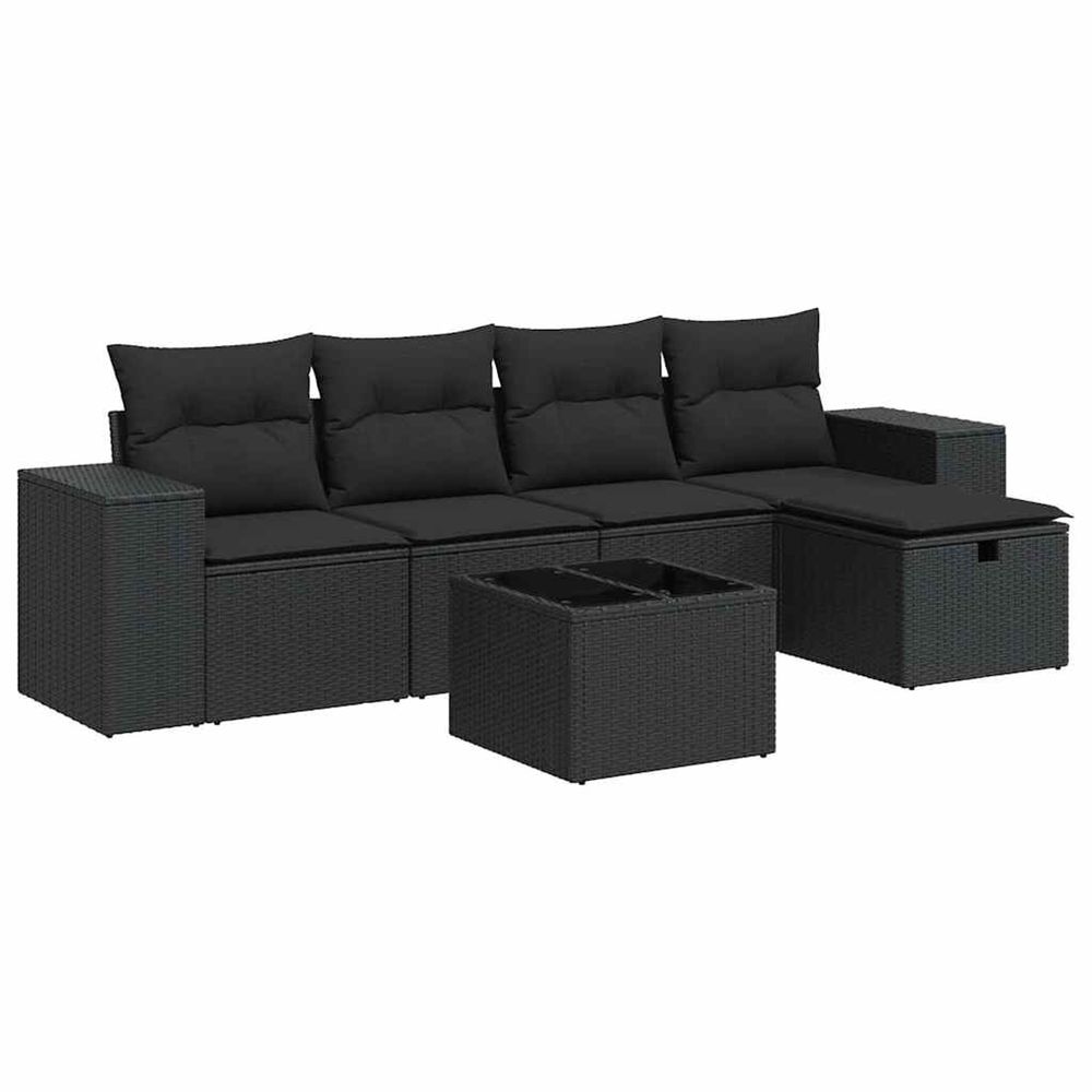 Salon de jardin 6 pcs avec coussins noir résine tressée