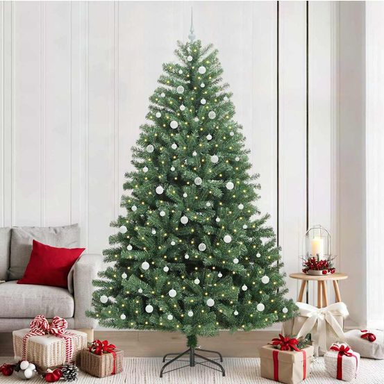 Grand sapin de noël lumineux 240 cm, 8 jeux de lumière led, fourni avec 120 boules et cimier