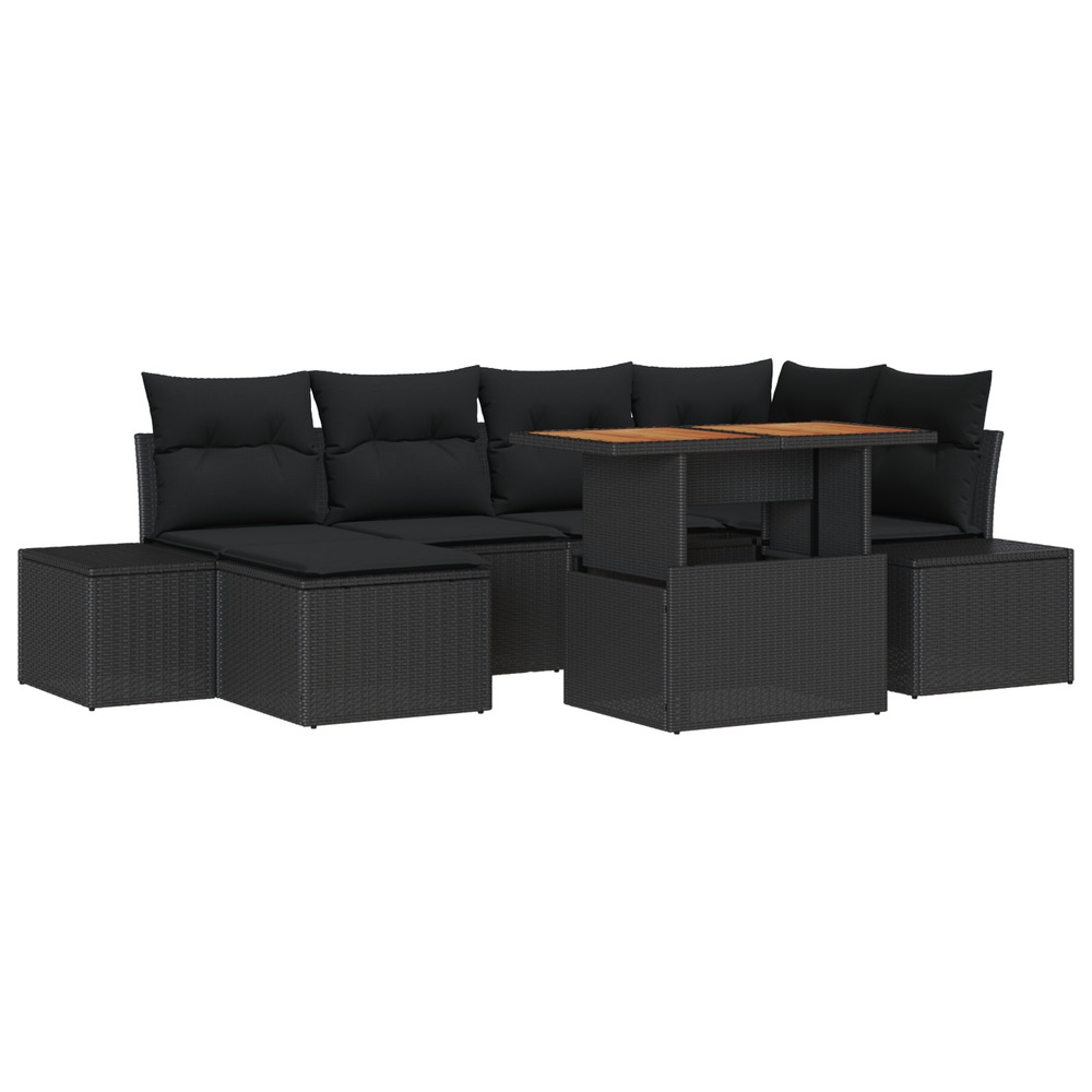 Ensemble de canapé de jardin 7 pièces avec coussins en poly rattan noir