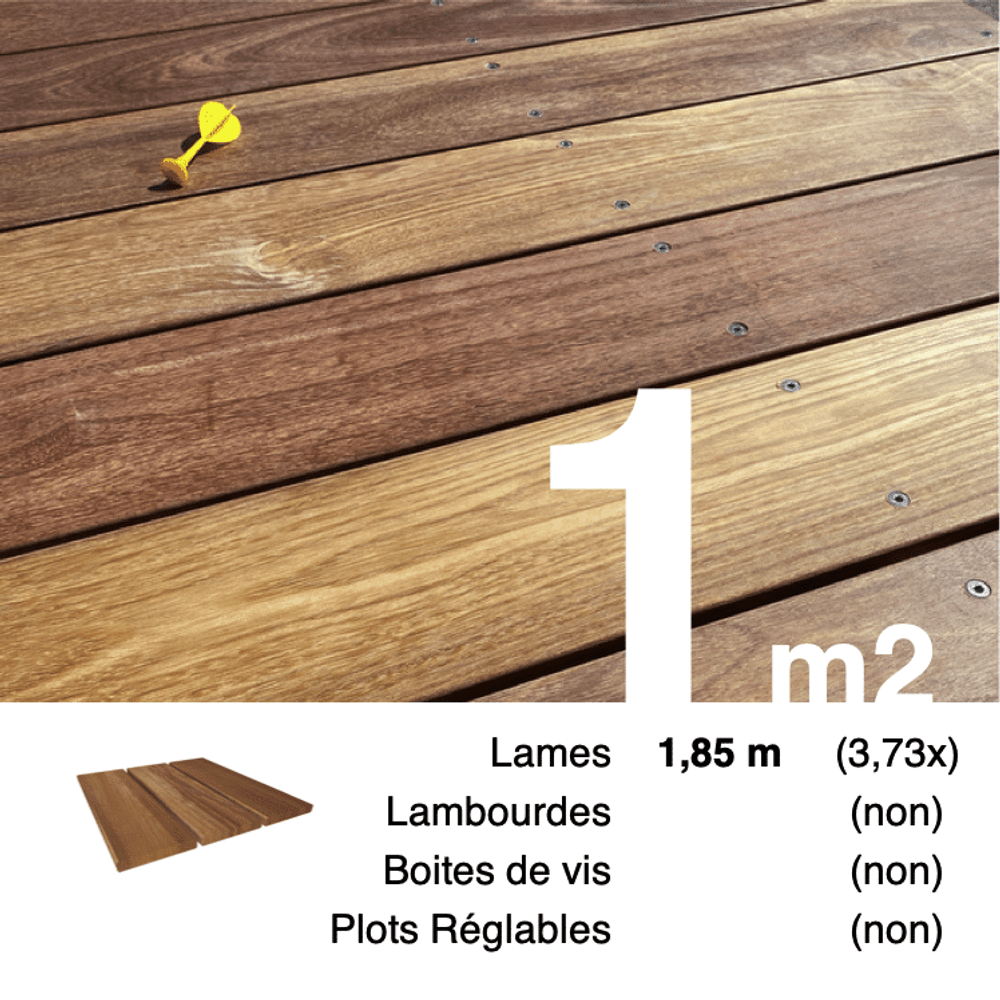 Planches de terrasse bois exotique cumaru pour 1 m², longueur 1,85 m.