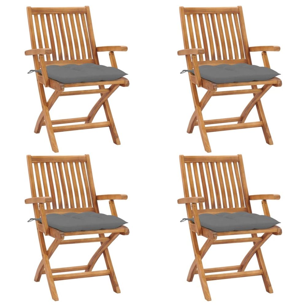 Chaises pliantes avec coussins, 4 pièces, en teck massif