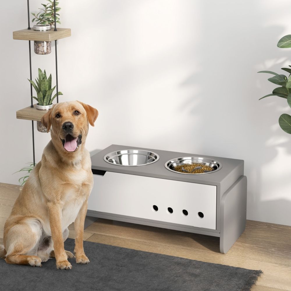 Gamelle surélevée chien bois inox grands chiens réglable avec rangement 62x30cm gris - comfortxl pet living