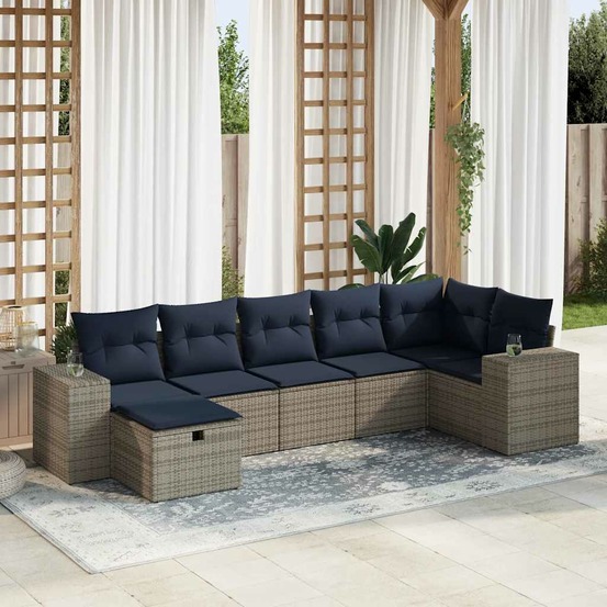 Salon de jardin avec coussins 7 pcs gris résine tressée