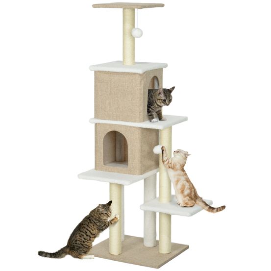 Grand arbre à chat 140cm en polaire douce multi-niveaux avec niches et griffoirs sisal marron clair