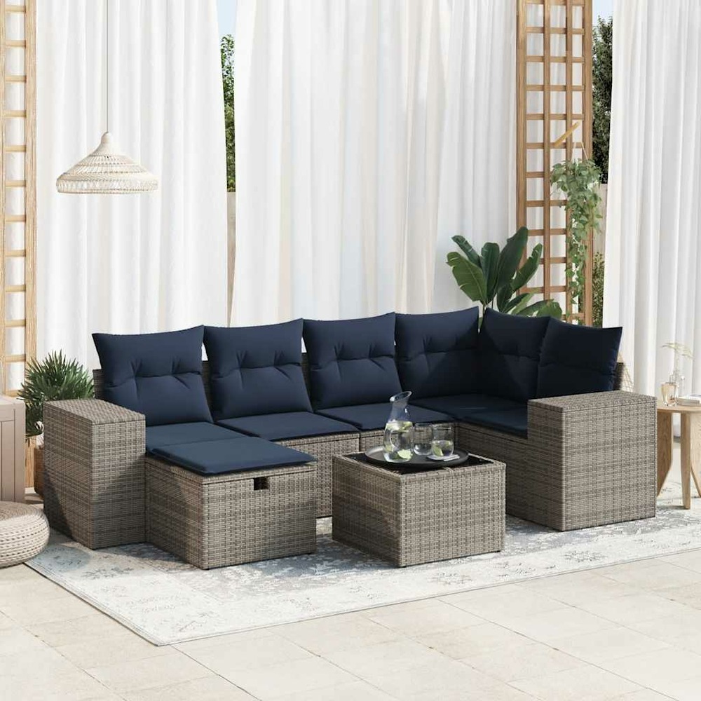 Salon de jardin avec coussins 7 pcs gris résine tressée
