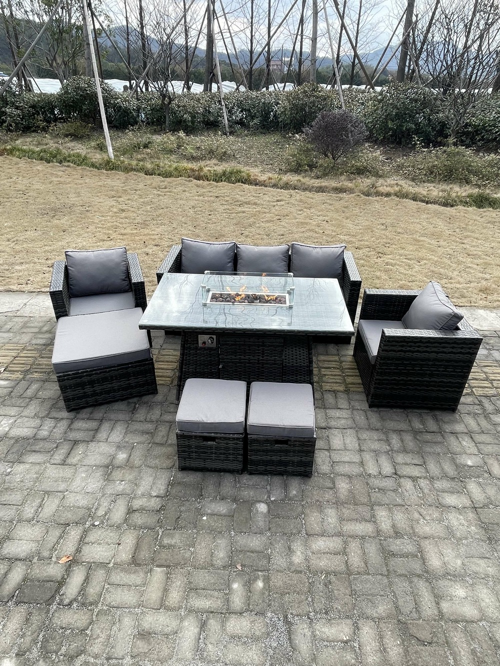Outdoor pe rotin garden furniture gas firepit table fauteuil avec 3 tabourets gris foncé mixte