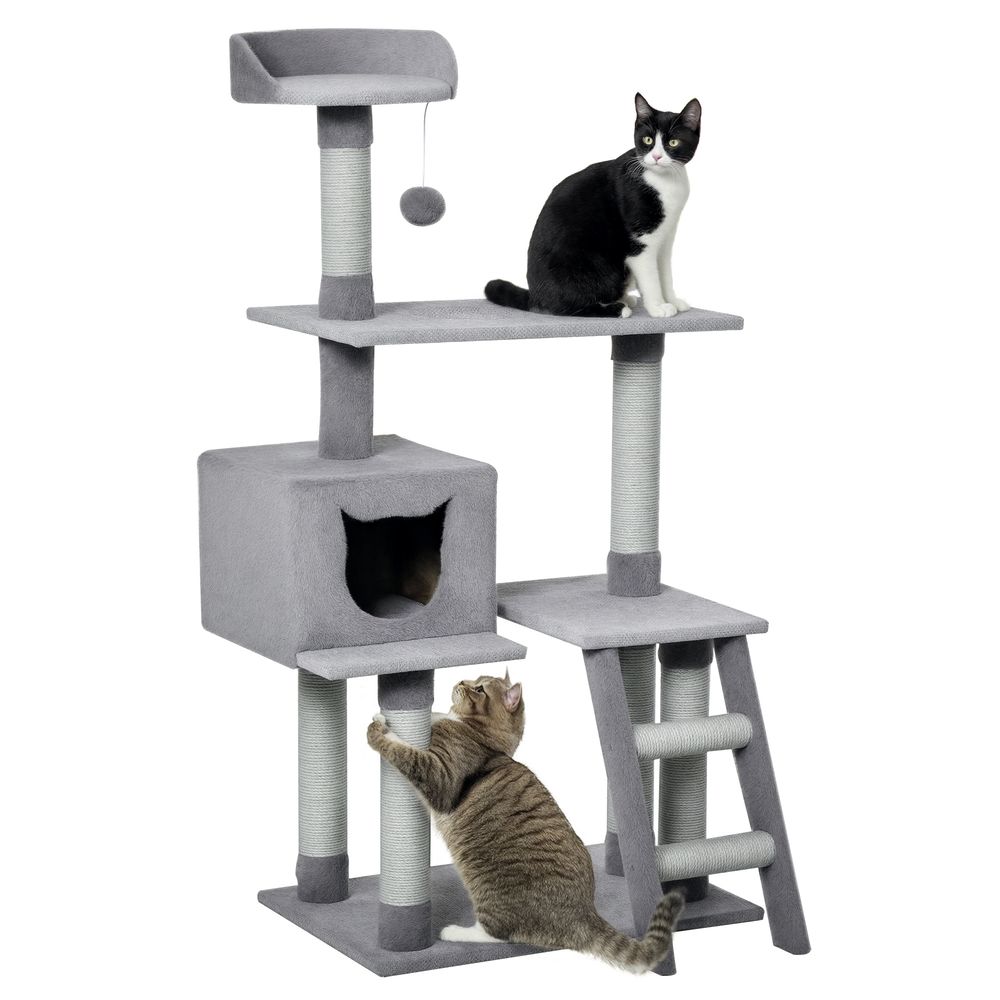 Arbre à chat multi-niveaux en bois pour repos avec échelle et griffoir jute 124cm gris