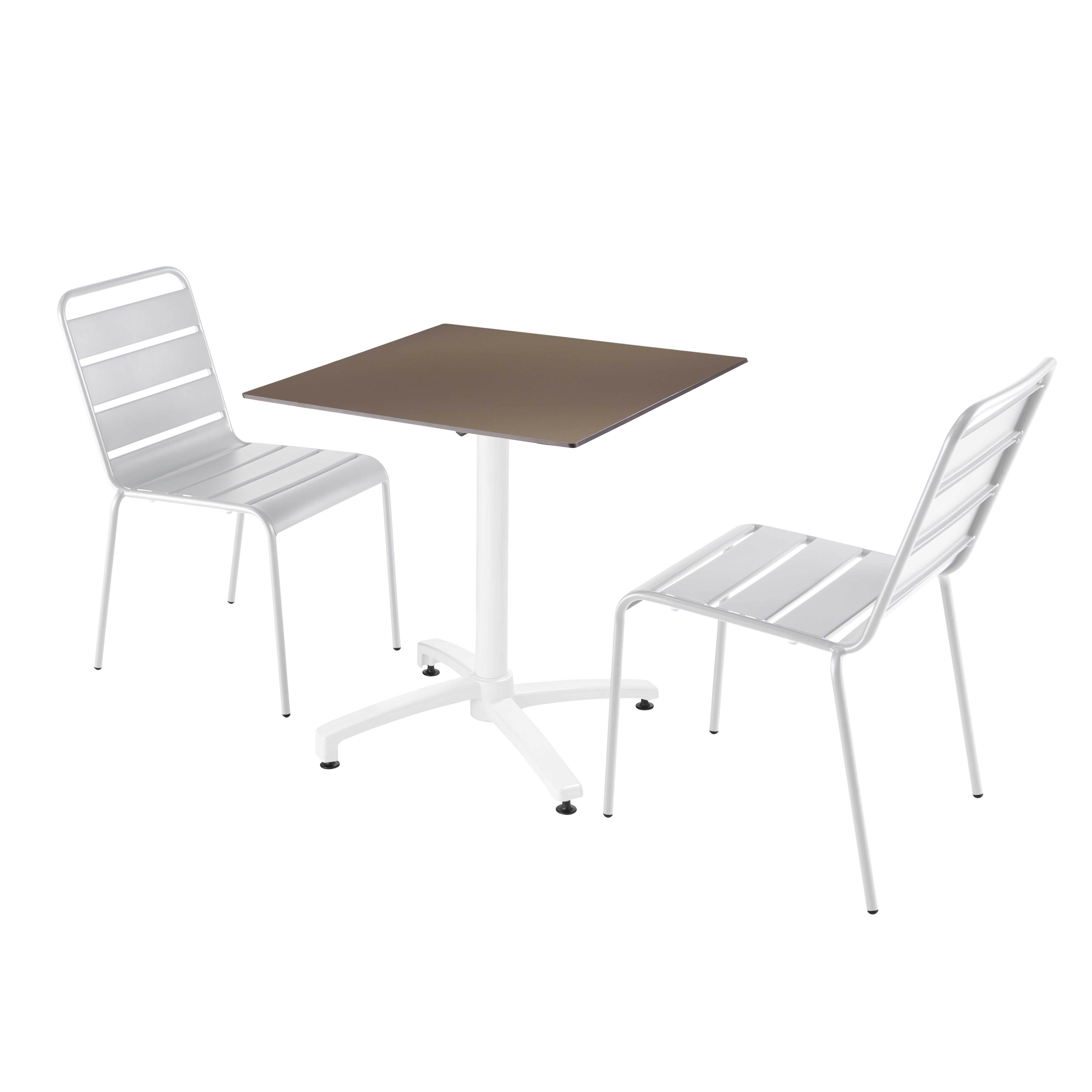 Ensemble table de terrasse stratifié taupe et 2 chaises blanc