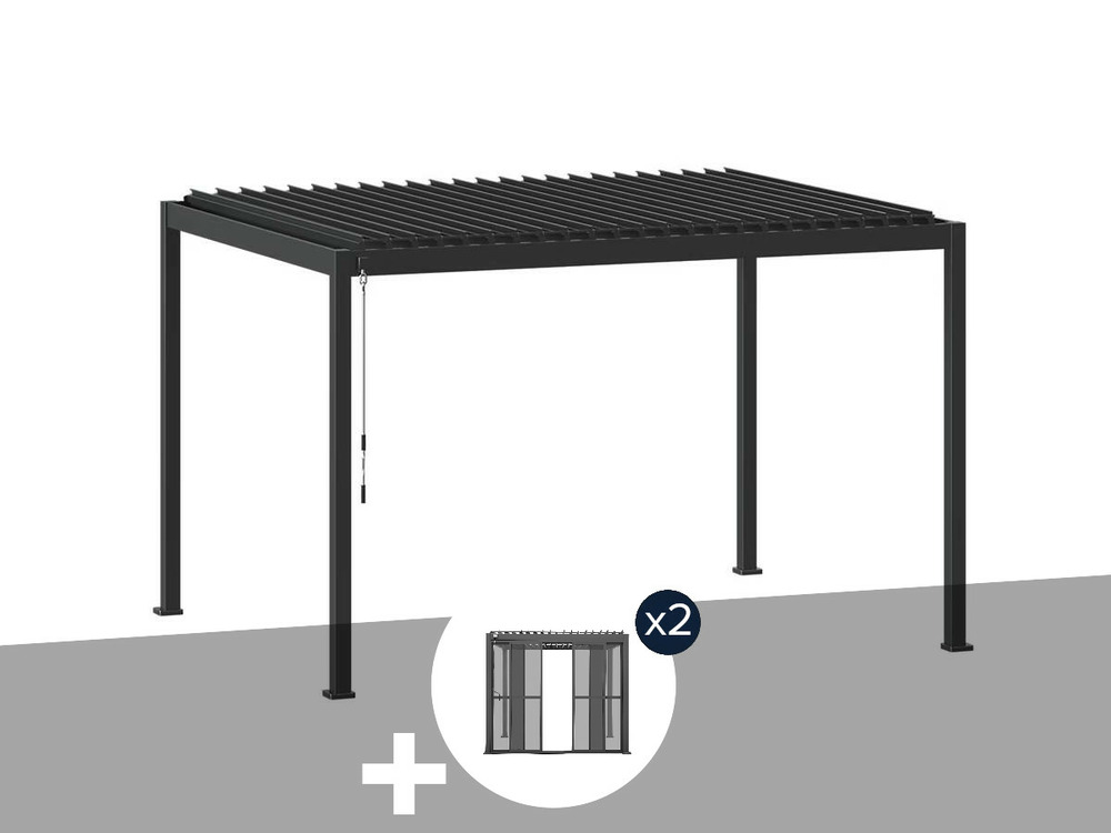 Pergola bioclimatique evora graphite - 4 x 3 m + 2 lots de portes coulissantes c